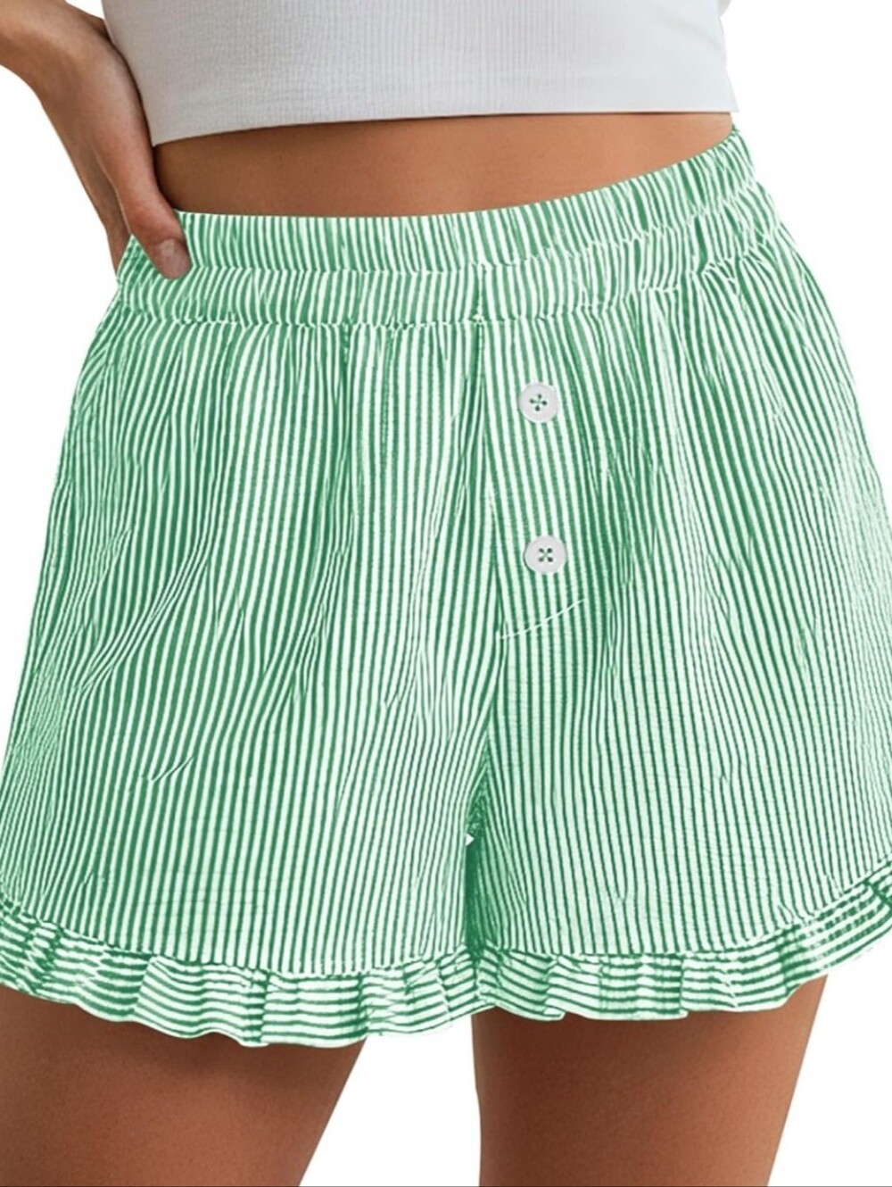 Pretty Garden Ruffled Green & White Striped Fashion Boxer Shorts, M - Picture 3 of 9